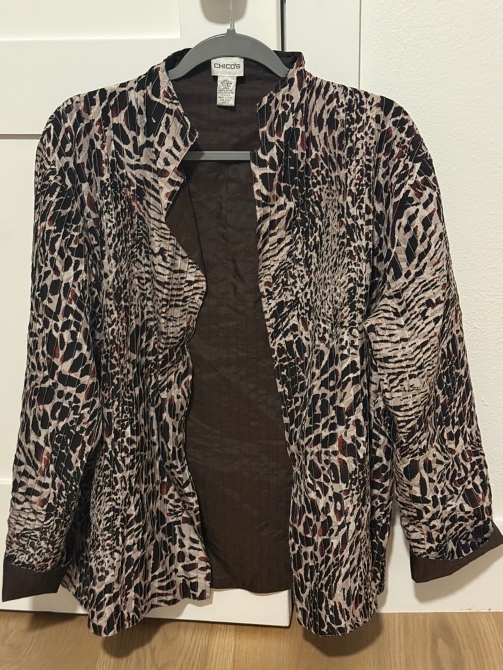 Chico's Neutral Animal-Print Open Jacket with Brown Accents